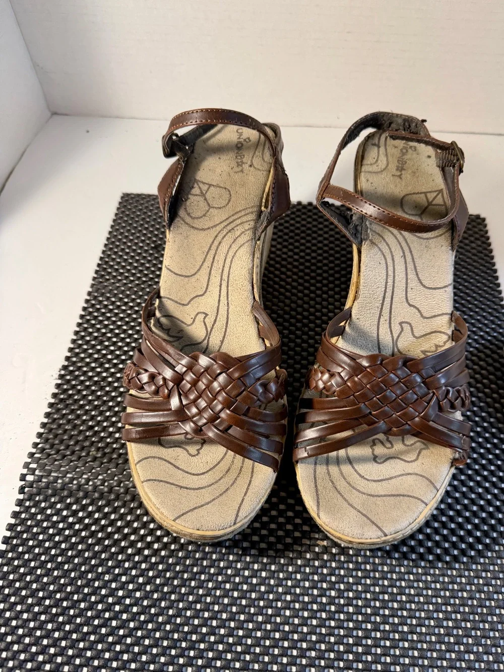 UNIONBAY Brown Braided Wedge Sandals with Ankle Strap